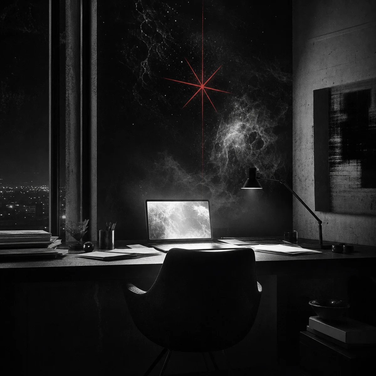 Un birou nocturn cu un scaun gol, un ecran luminos si o linie burgundy ca un asterisc suspendat.