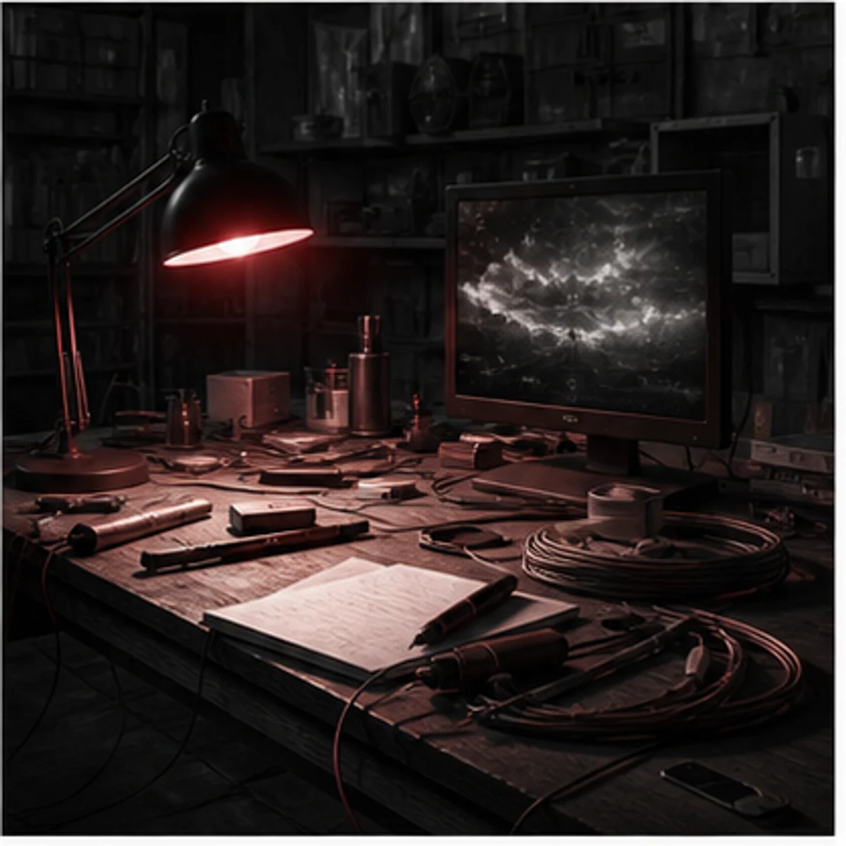 O masa de atelier cu cabluri, caiet, un ecran si o lampa burgundy.