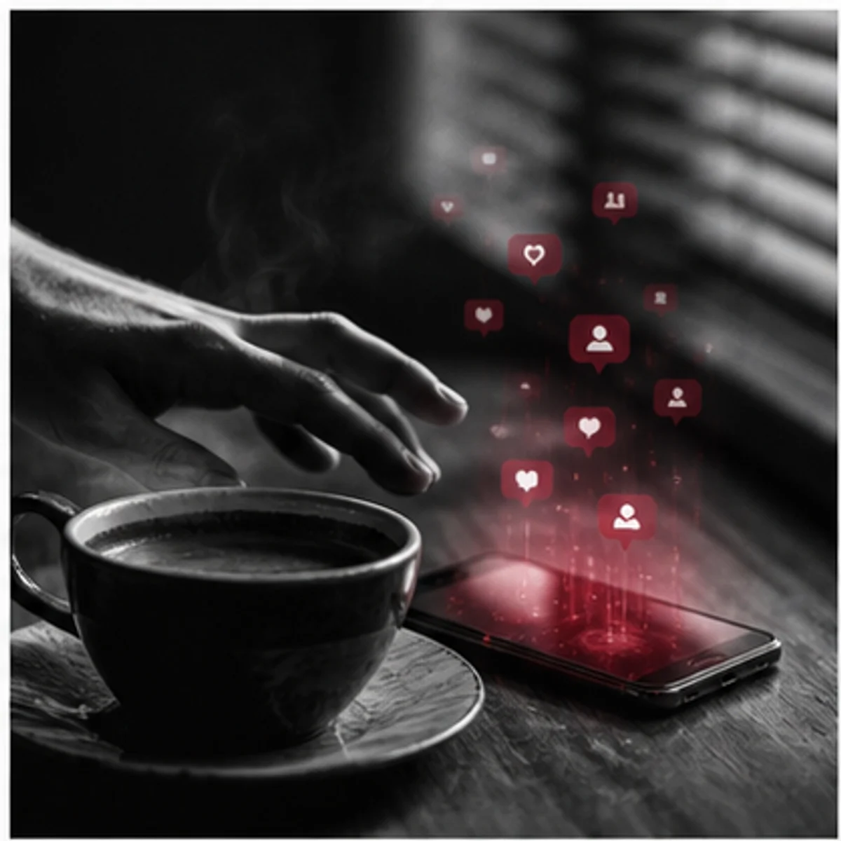 Mana intinsa spre un telefon aprins langa o ceasca de cafea, cu notificari burgundy plutind in intuneric.
