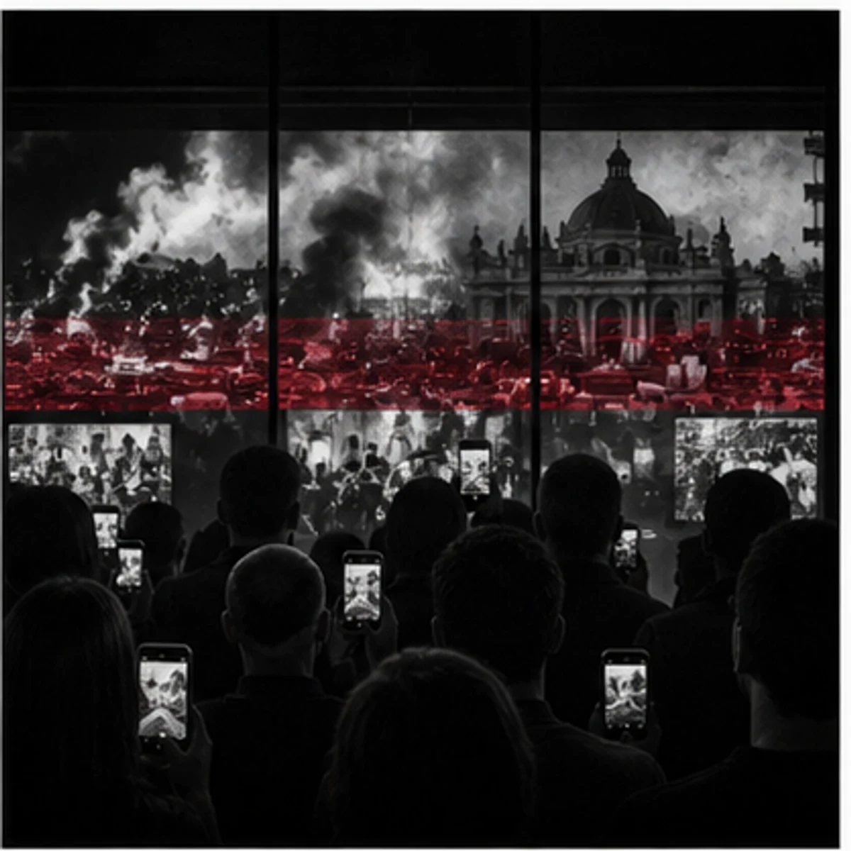 O multime priveste ecrane si transmisiuni politice, traversata de o banda burgundy.